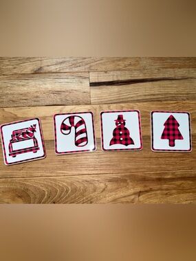 Holiday Plaid Icon metal top Coasters - Red and Black Christmas Set